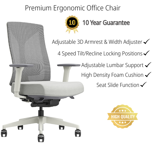 Grey mesh ergonomic office chair with 3D armrests, lumbar support, and white five-star base; features listed include seat slide, tilt lock, and high-density foam cushion
